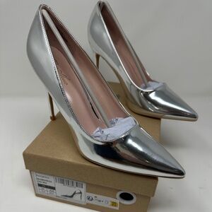 GENSHUO Silver Stiletto Pumps - Pointy Toe High Heels - Size 8